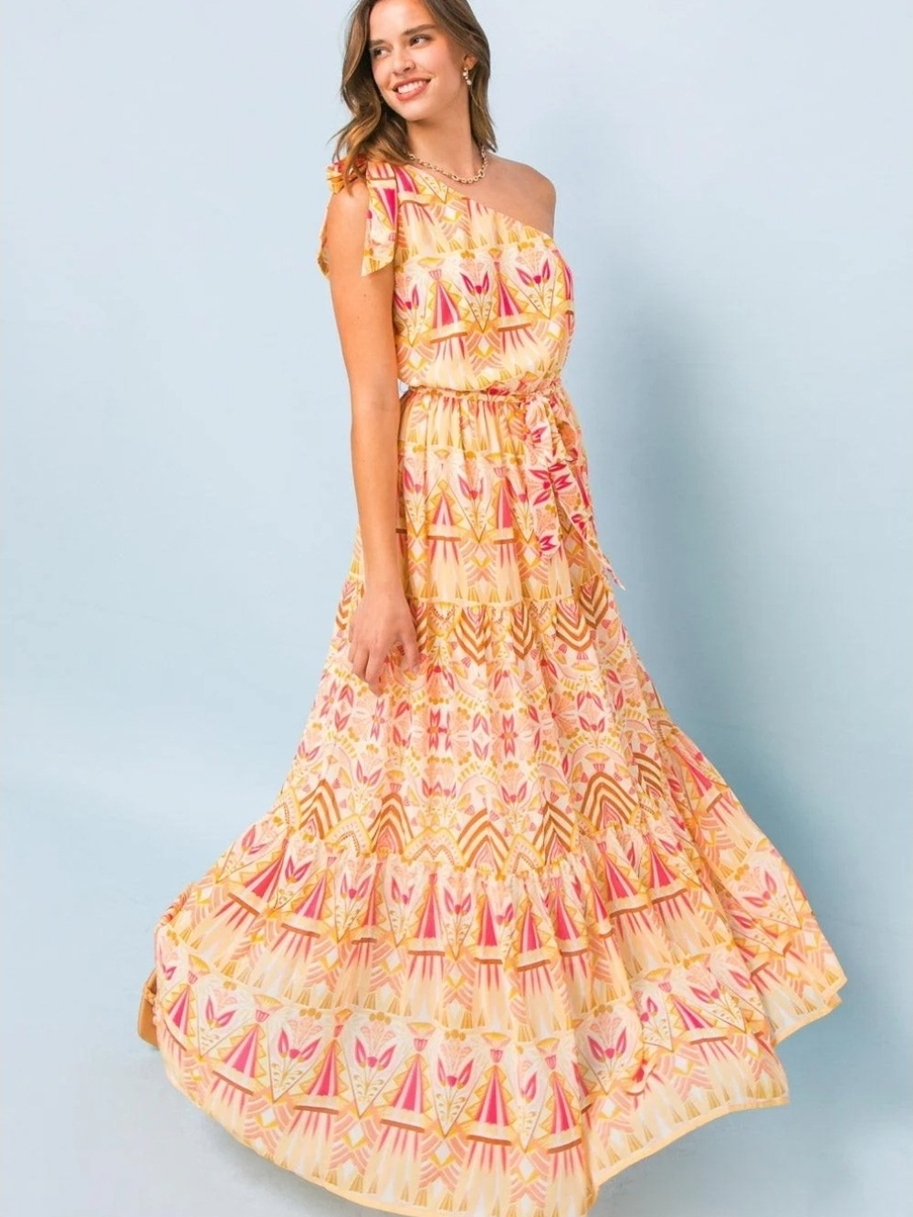 Flying Tomato One-Shoulder Printed Maxi Dress in Yellow & Pink
